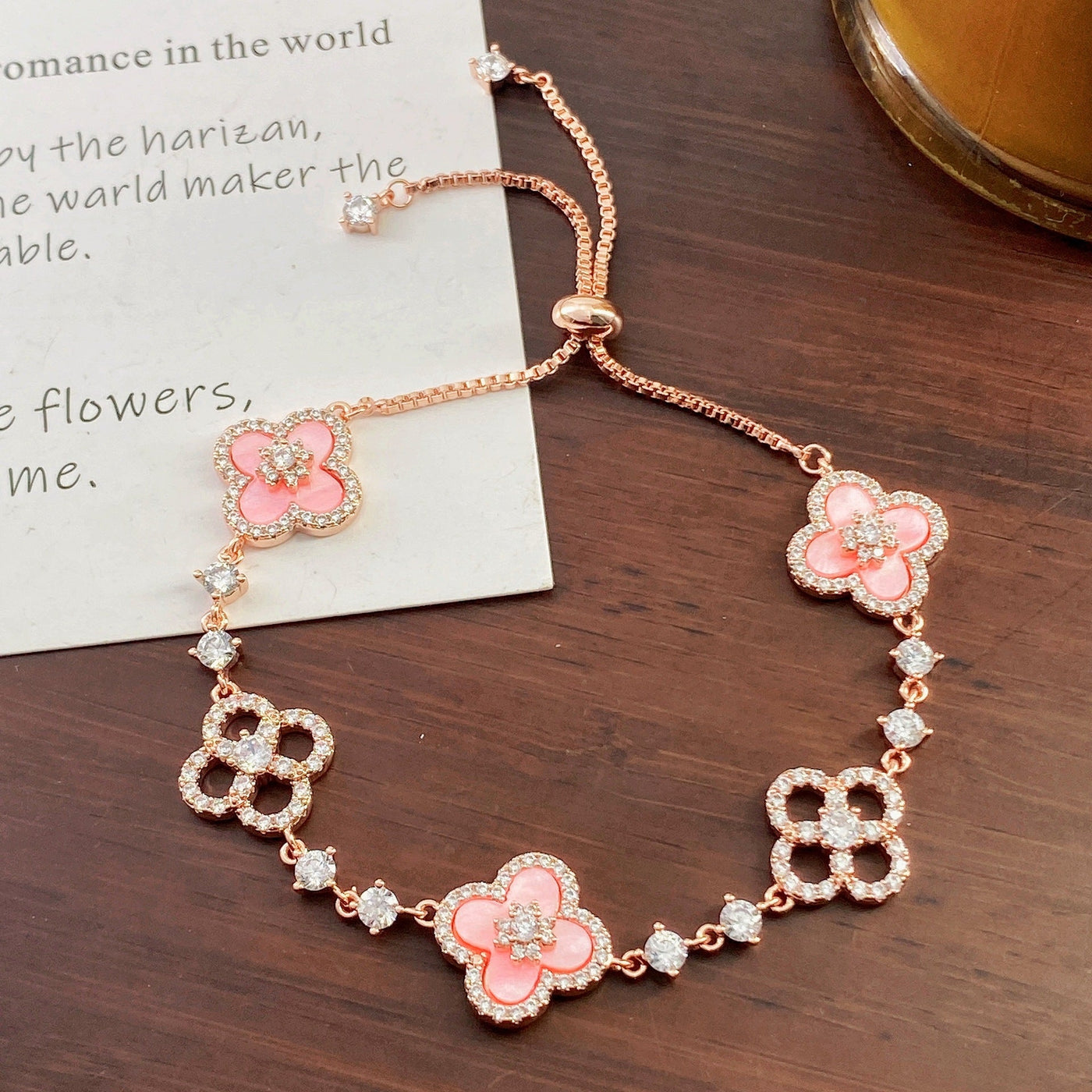 Cherry Blossom Four-Leaf Clover Bracelet – Dainty Diamond-Inspired Charm Jewelry - 50% OFF